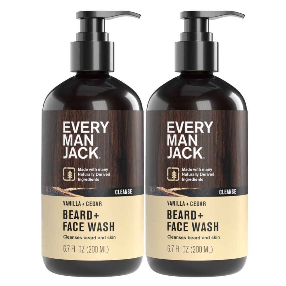 Every Man Jack Beard + Face Wash - Vanilla & Cedar Fragrance - Cleans & Softens Your Beard and Skin - Naturally Derived w/Aloe and Glycerin- 6.7 fl oz - 2 Pack