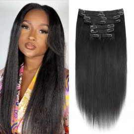 Mihugass Yaki Straight Clip in Hair Extensions 100% Unprocessed Brazilian Virgin Hair clip ins 20 Inch Yaki Straight Clip on Hair 18Clips Per Set 120G