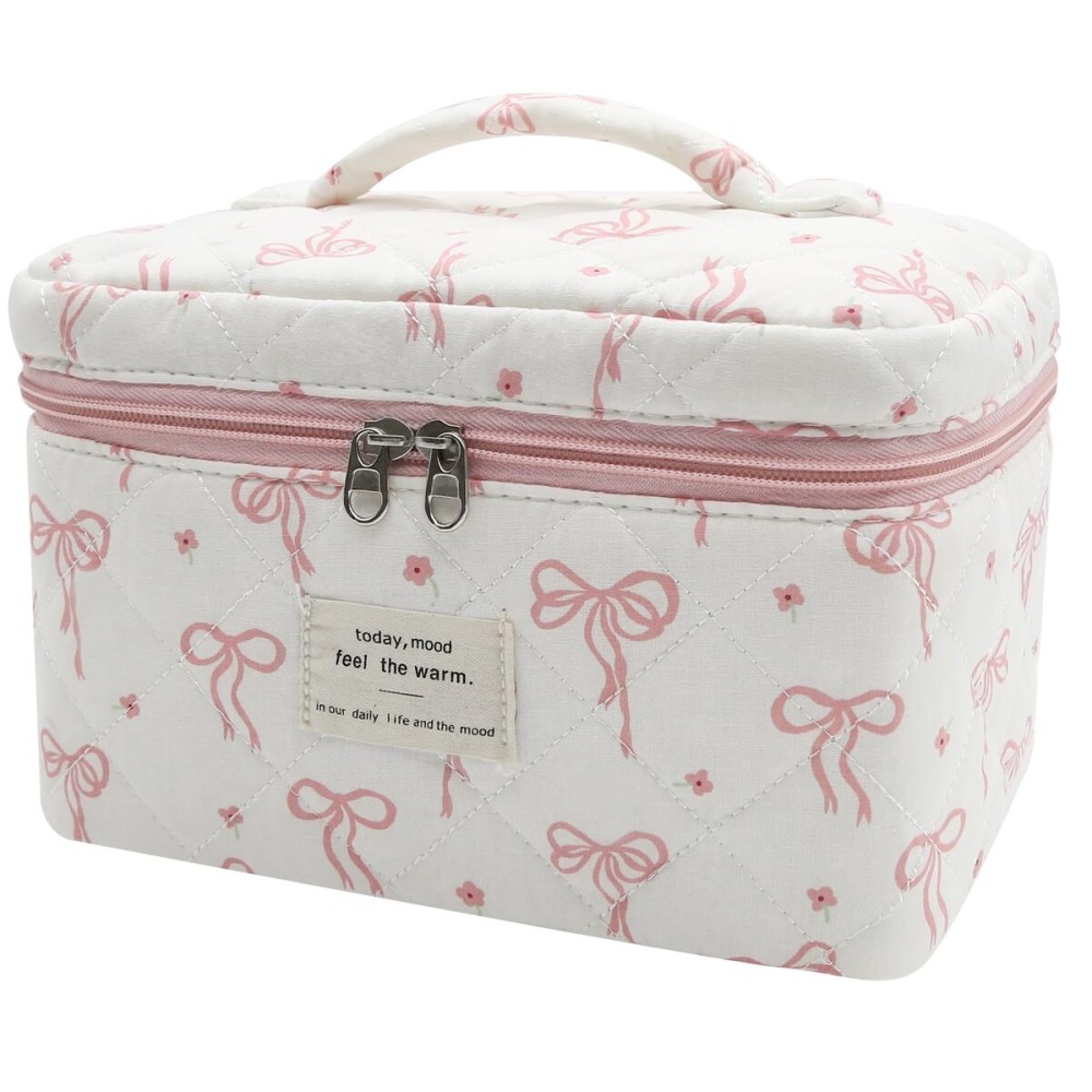 Large Makeup Bag, Cute Cosmetic Bag for Women Girls, Floral Coquette Aesthetic Toiletry Bag, Travel Make Up Organizer Bag (Pink Small Butterfly)