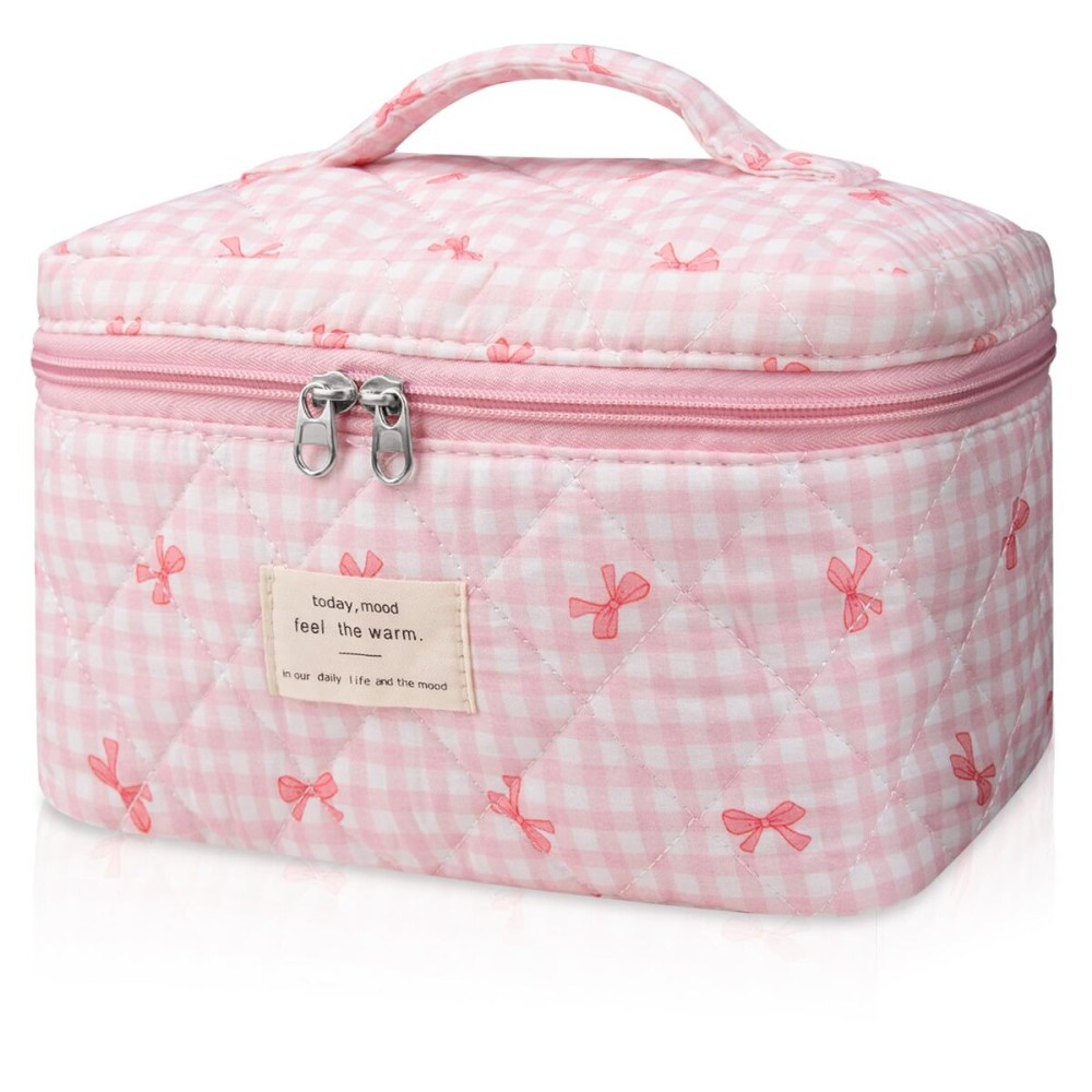 Large Makeup Bag, Cute Cosmetic Bag for Women Girls, Floral Coquette Aesthetic Toiletry Bag, Travel Make Up Organizer Bag (Pink Plaid Butterfly Flower