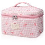 Large Makeup Bag, Cute Cosmetic Bag for Women Girls, Floral Coquette Aesthetic Toiletry Bag, Travel Make Up Organizer Bag (Pink Plaid Butterfly Flower