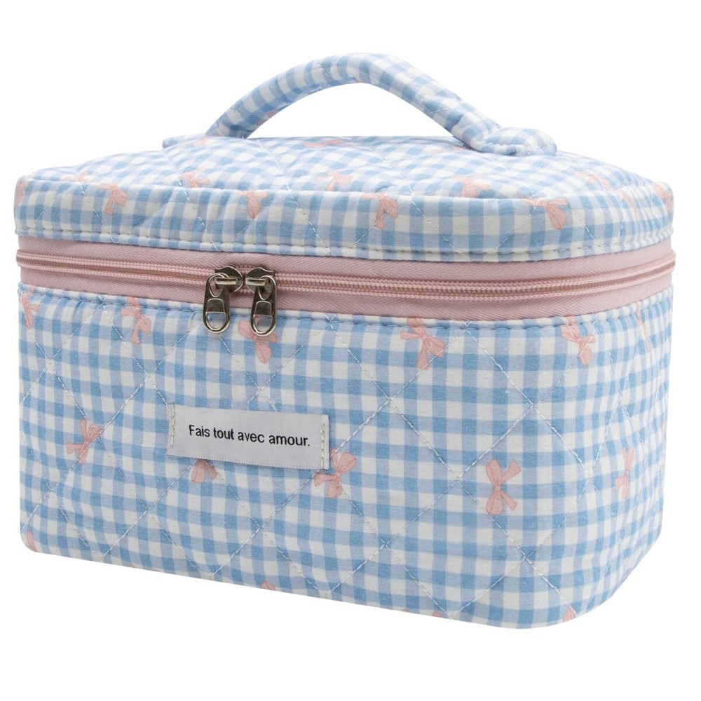 1pc Large Makeup Bag, Cute Cosmetic Bag for Women Girls, Floral Coquette Aesthetic Toiletry Bag, Travel Make Up Organizer Bag (Blue Plaid Bow