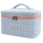 1pc Large Makeup Bag, Cute Cosmetic Bag for Women Girls, Floral Coquette Aesthetic Toiletry Bag, Travel Make Up Organizer Bag (Blue Plaid Bow