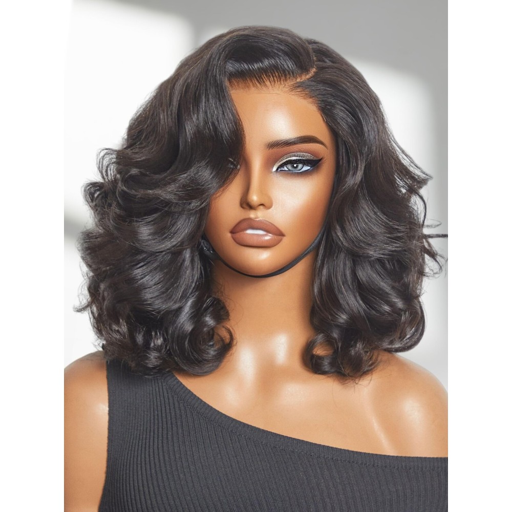 LUVME HAIR 100% Human Hair Wigs Loose Wave Glueless Lace Front 16 Inches, Pre Cut Plucked Hd Lace Short Wig Ready To Go Natural Color Straight Bleached Knots Side Part Black Wigs