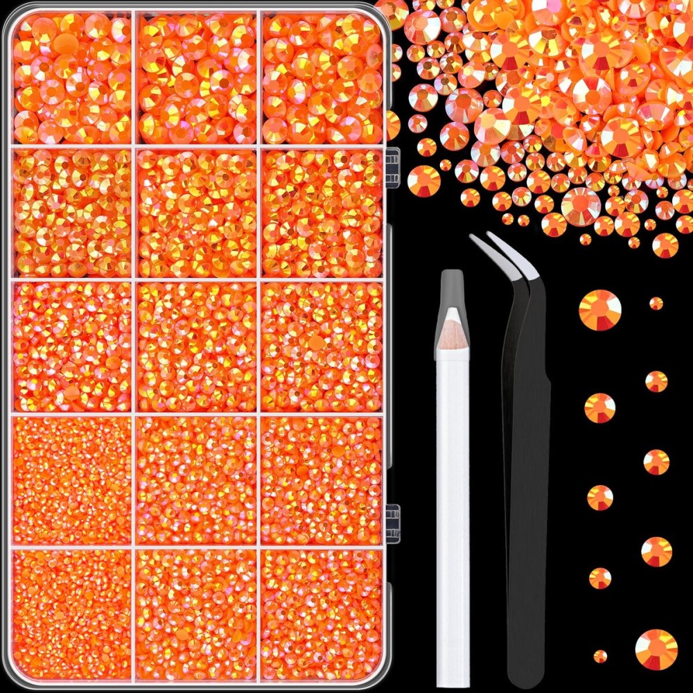 16000Pcs Resin Rhinestones with Tweezers for Crafting, Orange AB 2-6mm Mixed Sizes Non Hotfix Flatback Gems, Bedazzling Crystal for DIY Crafts Clothing Tumblers Mugs Shoes Fabric Decor Nail Art