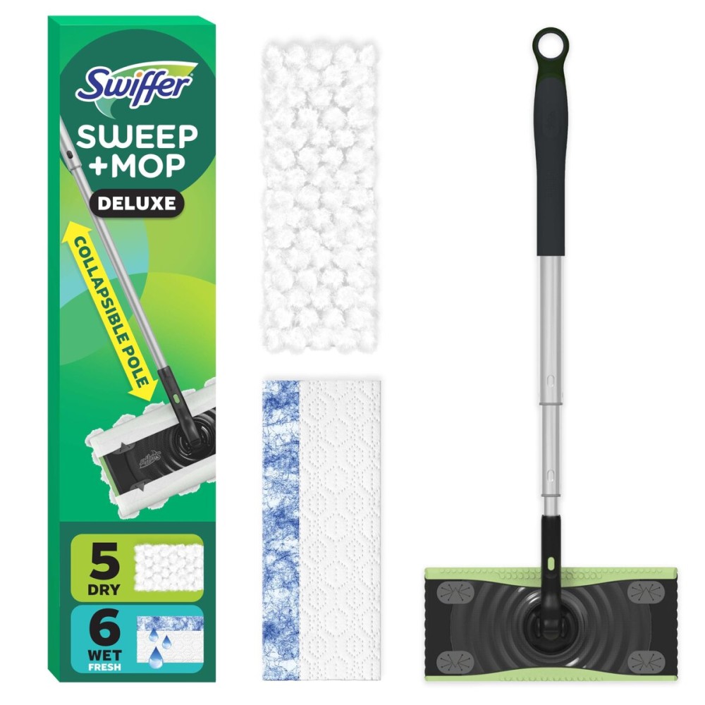 Swiffer Sweep & Mop Deluxe 2-in-1 Floor Mopping and Sweeping Kit, Multi-Surface Kit for Floor Cleaning, Includes 1 Sweeper Device, 5 Heavy Duty Dry Sweeping Cloths, 6 Heavy Duty Wet Mopping Cloths