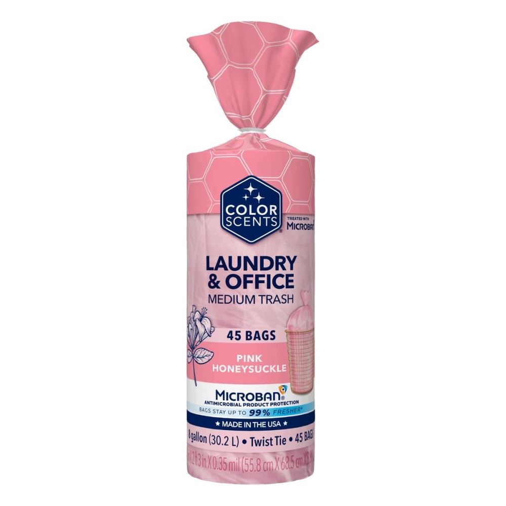 Color Scents Medium Trash Bags - 8 Gallon, 45 Bags (1 Pack of 45 Bags) Twist Tie - Pink in Pink Honeysuckle Scent with Microban