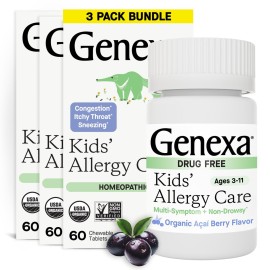 Genexa Kids Allergy Care | Drug Free, Non-Drowsy Children\'s Allergy & Decongestant Remedy | Vegan & Non-GMO | Homeopathic Relief Made Clean | Organic Acai Berry Flavor | 180 Chewable Tablets Ages 3-11
