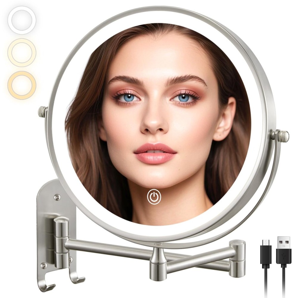 ALHAKIN 9 Wall Mounted Lighted Makeup Mirror, Rechargeable 1X/15X Magnifying Mirror with 3 Color Lights Dimmable, 360 Rotation, Nickel