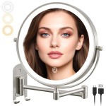 ALHAKIN 9 Wall Mounted Lighted Makeup Mirror, Rechargeable 1X/15X Magnifying Mirror with 3 Color Lights Dimmable, 360 Rotation, Nickel