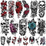 77 Sheets Skull Flower Realistic Temporary Tattoos For Women Men Adult, Large Rose Bones & Flowers Floral Fake Tattoos Girl, Skeleton and Spooky Halloween Temp Tatoo Sticker Thigh Back Leg Body Art