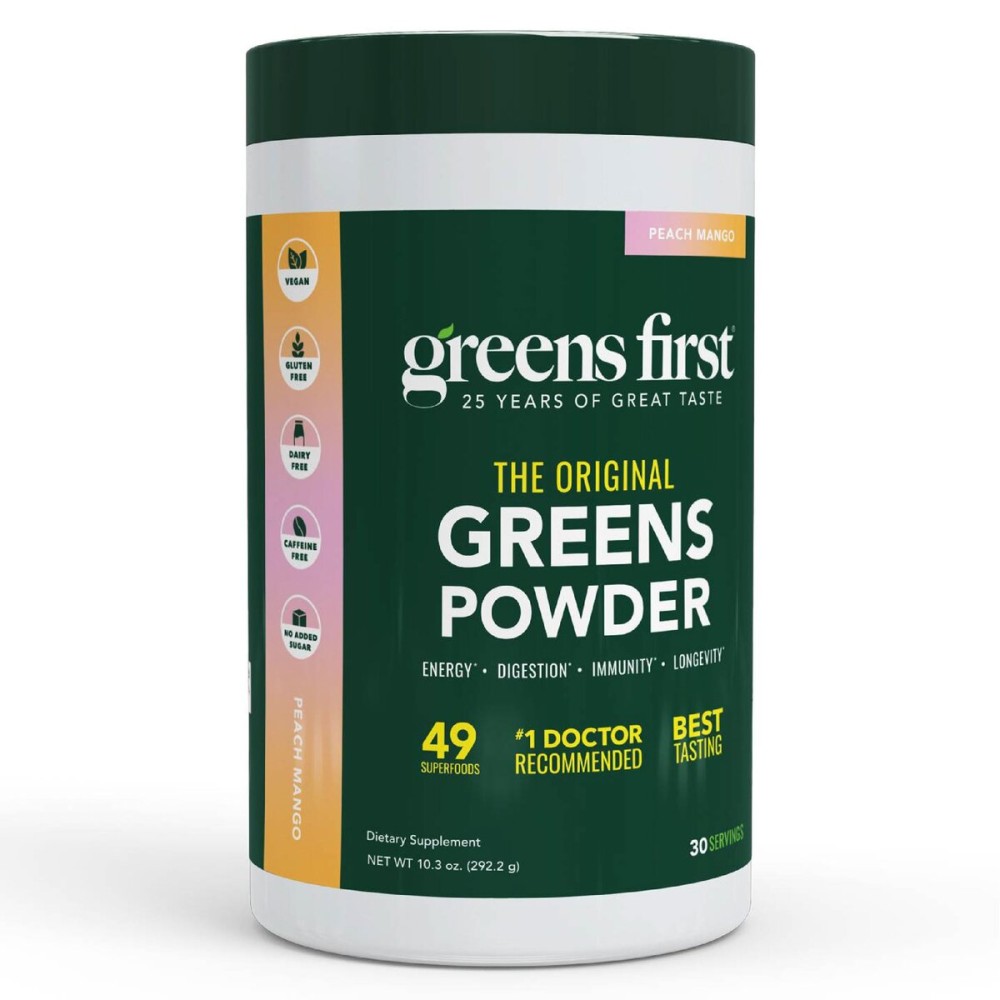 Greens First Original Greens Powder - 49 Superfoods - Organic Fruits & Veggies - Prebiotics, Probiotics & Digestive Enzymes - Antioxidant Smoothie - Dairy Free/Vegan/Non-GMO (Peach Mango, 30 Servings)