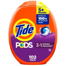 Tide PODS laundry detergent pacs, 3-in-1 Stain Remover, Odor Fighter, Color Protector, 102 Count, HE compatible, Spring Meadow Scent