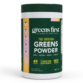 Greens First Original Greens Powder - 49 Superfoods - Organic Fruits & Veggies - Prebiotics, Probiotics & Digestive Enzymes - Antioxidant Smoothie - Dairy Free/Vegan/Non-GMO (Peach Mango, 60 Servings)