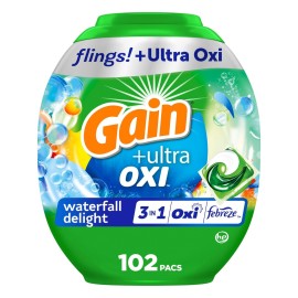 Gain Flings Ultra Oxi Laundry Detergent Pacs, 102 Count, Waterfall Delight Scent, with Odor Defense, concentrated laundry soap pacs