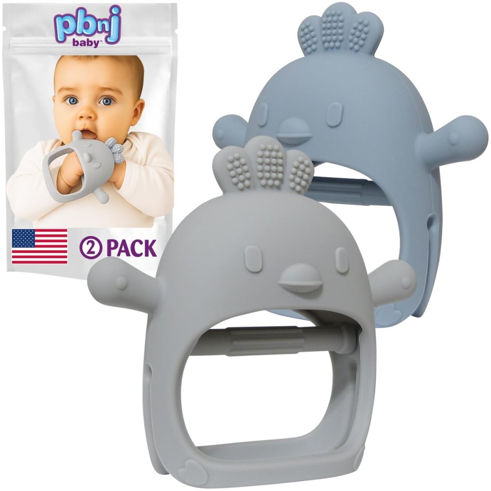PBnJ Baby, Silicone Teether Glove, Baby Toys 0-6 Months, Mittens for Infants use as Teething Pacifier, Teething Toys 3-6 Months, Teethers for Babies 6-12 Mon, 6 Mo Old Must Haves - 2 Pack Gray/Blue