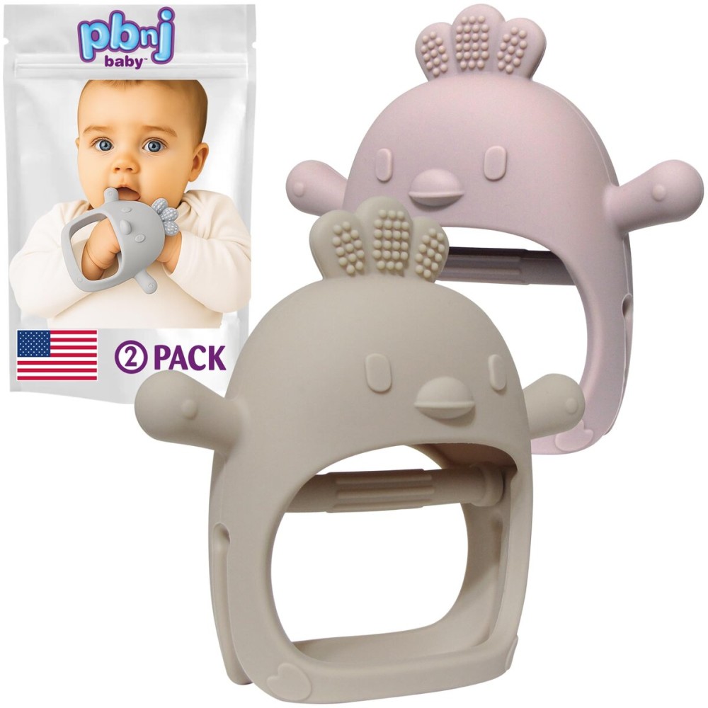 PBnJ Baby, Silicone Teether Glove, Baby Toys 0-6 Months, Mittens for Infants use as Teething Pacifier, Teething Toys 3-6 Months, Teethers for Babies 6-12 Mon, 6 Mo Old Must Haves - 2 Pack Beige/Pink