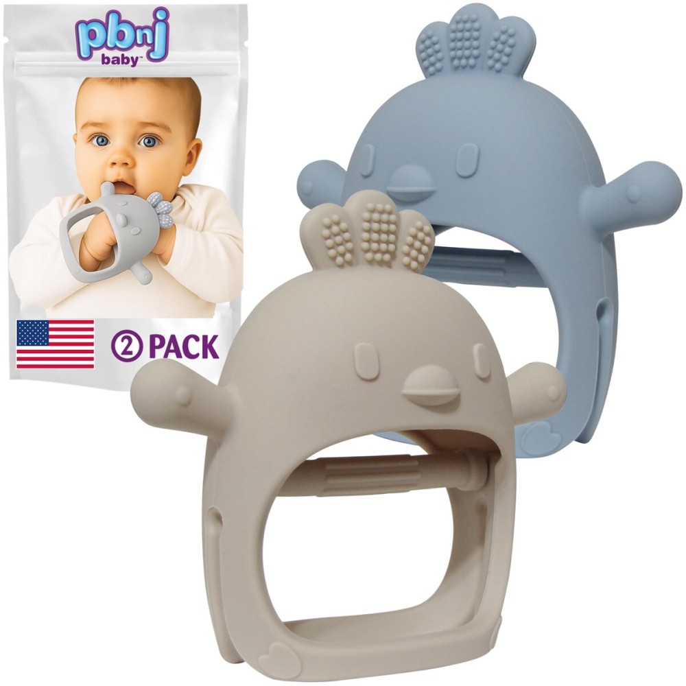 PBnJ Baby, Silicone Teether Glove, Baby Toys 0-6 Months, Mittens for Infants use as Teething Pacifier, Teething Toys 3-6 Months, Teethers for Babies 6-12 Mon, 6 Mo Old Must Haves - 2 Pack Beige/Blue