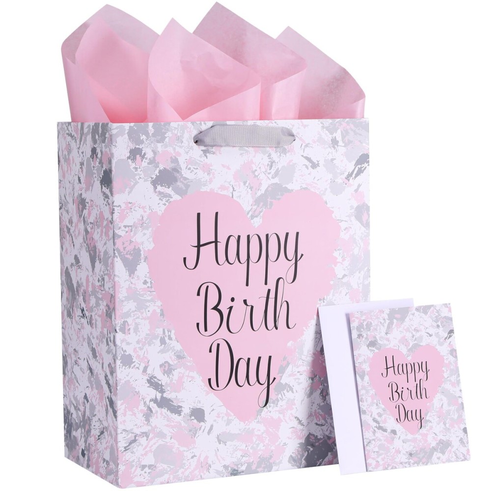 SUNCOLOR Large Floral Gift Bag for Women & Girls | Elegant Pink Birthday Present Bag with Tissue Paper | 13-inch