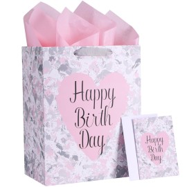 SUNCOLOR Large Floral Gift Bag for Women & Girls | Elegant Pink Birthday Present Bag with Tissue Paper | 13-inch