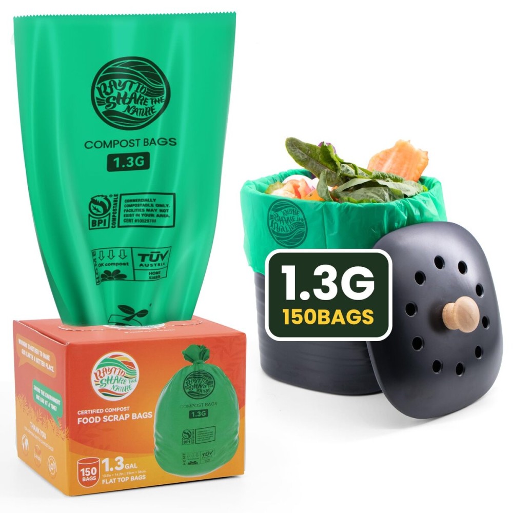 Compost Bags 1.3 Gallon,150 Count,Compostable Small Trash Bags for Kitchen Countertop Compost Bin 0.75, 1,1.2, 1.3Gallon,ASTM D6400, US BPI and Europe OK compost HOME certified