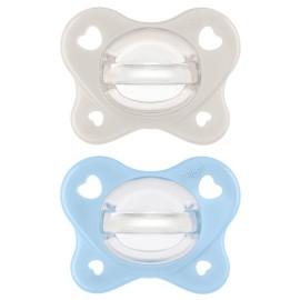 Chicco PhysioForma Dual Soft Orthodontic Pacifier, 2-6m | 100% Soft Silicone | Supports Breathing & Oral Development | One-Piece Design | Flex-Shield | Sterilizing Case | BPA Free | Grey/Sky, 2pk