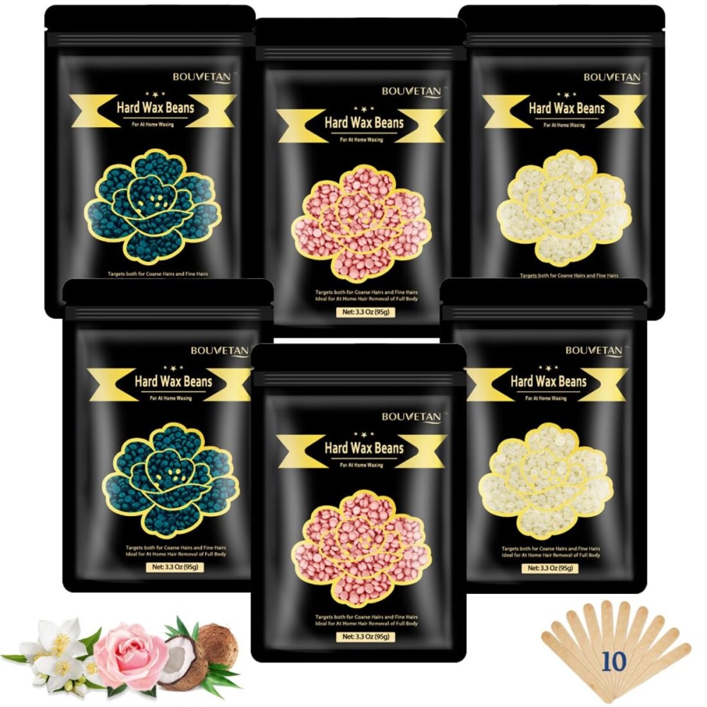 Wax Beads for Hair Removal, 1.3Lb/21oz Hard Wax for Eyebrow, Face, Bikini, Legs, Arms, Full Body Waxing with 10pcs Wax Spatulas, 6 Packs