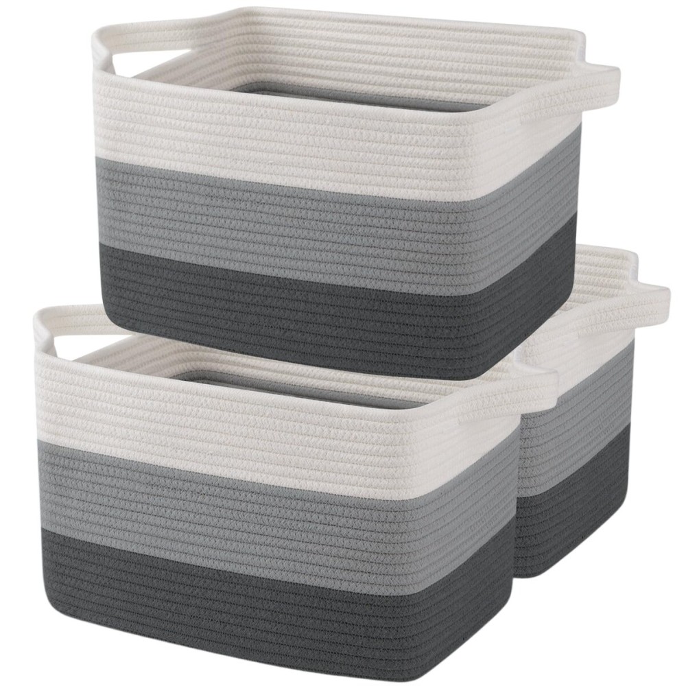 OIAHOMY Storage Basket, Woven Baskets for Storage, Cotton Rope Basket for toys,Towel Baskets for Bathroom - Pack of 3, Gradient Dark Gray