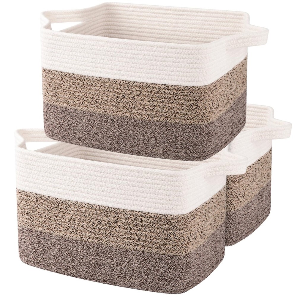 OIAHOMY Storage Basket, Woven Baskets for Storage, Cotton Rope Basket for toys,Towel Baskets for Bathroom - Pack of 3, Gradient Dark Brown