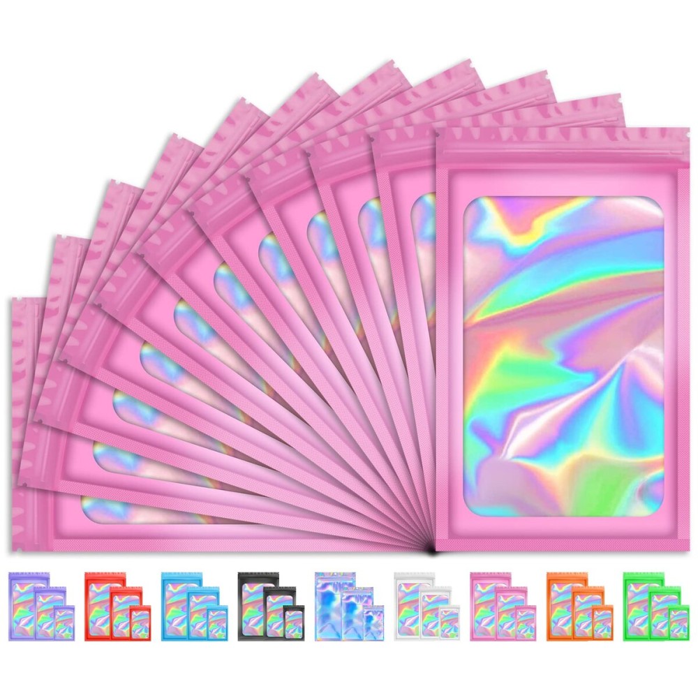 200 PCS Holographic Bags, Smell Proof Bag for Candy, Small Baggies Sample Bag, Food Storage Bag for Jewelry, Resealable Bag for Small Businesses (4x6 Inch, Pink)