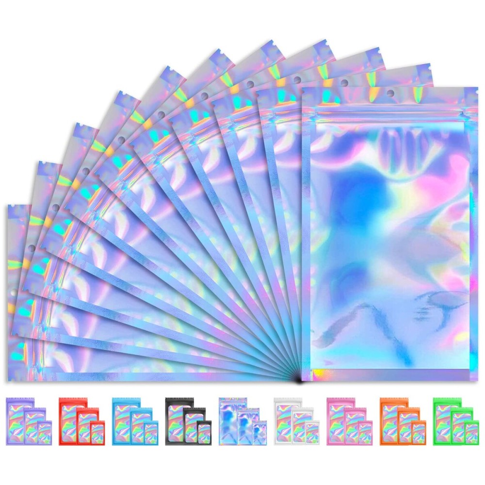 200 PCS Mylar Bags, Packaging Bag, Holographic Bag, Smell Proof Bag for Small Business Candy Jewelry Bracelet Party Favor Food Storage Sample Supplies, Foil Resealable Bag (5.5x7.9 Inch, Glossy)