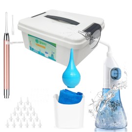 Ear Wax Removal Tool, Ear Cleaning Kits Safe Ear Irrigation Kit Ear Flush Kit for Adults Kids, Ear Wax Washer Device with LED Earwax Spoon, Basin, Bulb, Curette Kit, Towel, Tips, Storage Box Blue