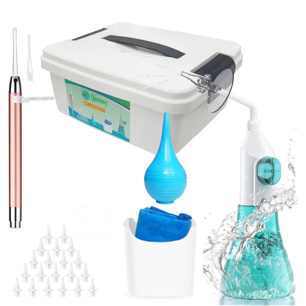 Ear Wax Removal Tool, Ear Cleaning Kits Safe Ear Irrigation Kit Ear Flush Kit for Adults Kids, Ear Wax Washer Device with LED Earwax Spoon, Basin, Bulb, Curette Kit, Towel, Tips, Storage Box Green