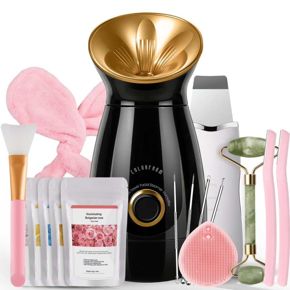 Colorfarm Facial Steamer Nano Ionic: Face Steamer Home Spa Kit Deep Cleaning Unclogs Pores Sinuses Inhaler with 8 Skin Care Tools - Relaxing Self Care Skincare Beauty Gifts for Women (Black Gold)