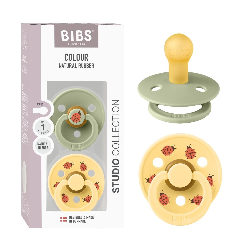 BIBS Studio Soother 2-Pack, BPA Free Dummy Pacifier, Round Nipple. Natural Rubber Latex, Made in Denmark, Size 1 (0-6 Months), Sage/Pale Butter