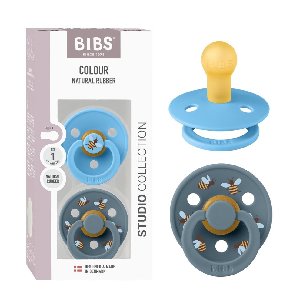 BIBS Studio Soother 2-Pack, BPA Free Dummy Pacifier, Round Nipple. Natural Rubber Latex, Made in Denmark, Size 1 (0-6 Months), Breeze/Petrol