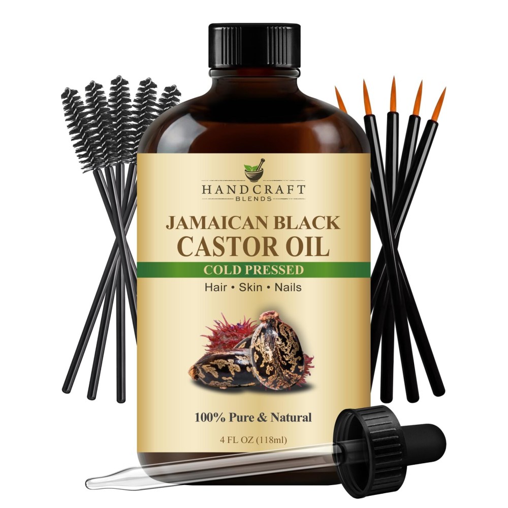 Handcraft Blends Cold-Pressed Jamaican Black Castor Oil 4 Fl Oz | Glass Bottle | Lash Brushes | 100% Pure and Natural | Premium Grade Carrier Oil | Hair, Eyelashes and Eyebrows | Hair and Body