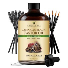 Handcraft Blends Cold-Pressed Jamaican Black Castor Oil 4 Fl Oz | Glass Bottle | Lash Brushes | 100% Pure and Natural | Premium Grade Carrier Oil | Hair, Eyelashes and Eyebrows | Hair and Body