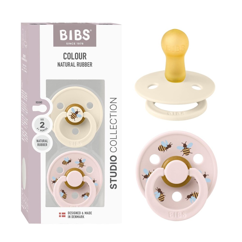 BIBS Studio Soother 2-Pack, BPA Free Dummy Pacifier, Round Nipple. Natural Rubber Latex, Made in Denmark, Size 2 (6-18 Months), Ivory/Petal