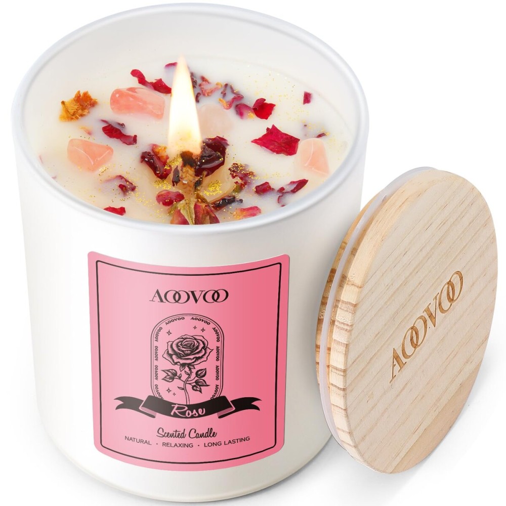 AOOVOO Rose Scented Candles for Women - Aromatherapy Candle with Crystals Inside, 10oz Soy Candles for Home Scented, Birthday Gifts Christmas Candle for Mom Women