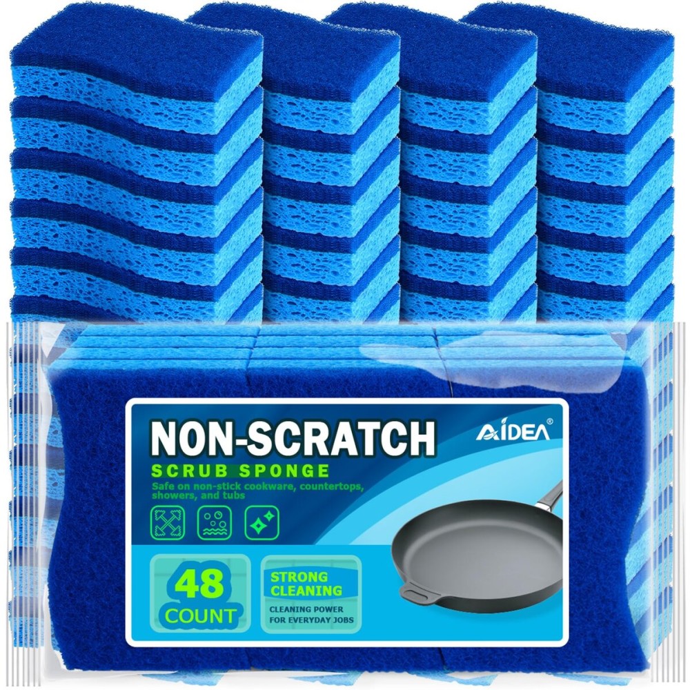 AIDEA Non-Scratch Scrub Sponge, 48Count, Sponges for Dishes, Sponges Kitchen, Cleaning Sponge, Cleans Fast Without Scratching, Stands Up to Stuck-on Grime, Cleaning Power for Everyday Jobs