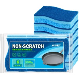 AIDEA Sponges Kitchen, Non-Scratch Scrub Sponge, 6Count, Sponges for Non-Stick Cookware, Kitchen Sponge for Dishes, Cleans Fast Without Scratching, Cleaning Power for Kitchen, Bathroom, Household