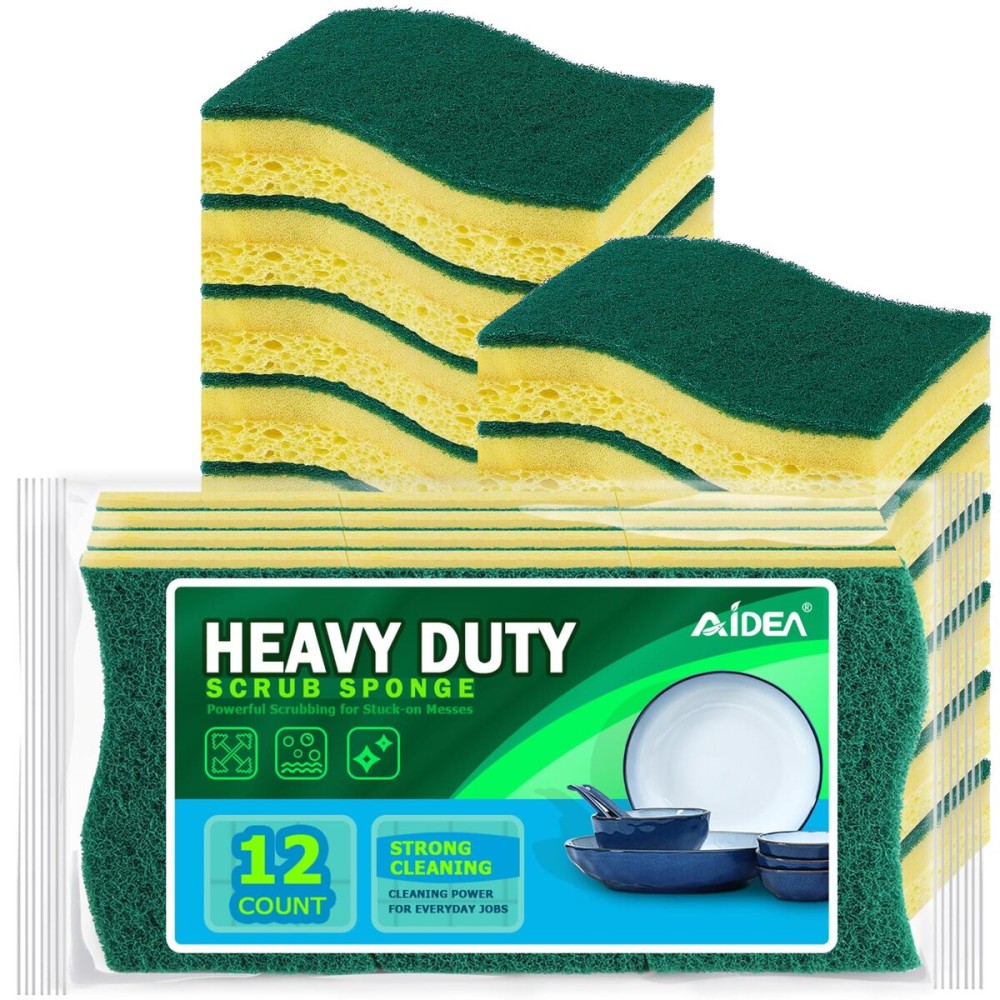 AIDEA Heavy-Duty Scrub Sponges, 12Count, Sponge for Non-Coated Cookware, Kitchen Sponges for Dishes, Scrubbing Power for Tough Messes, Cleaning Sponge for Kitchen, Bathroom, Household