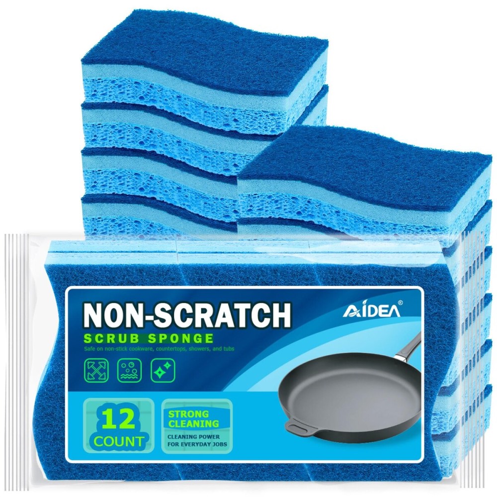 AIDEA Sponges Kitchen, Non-Scratch Scrub Sponge, 12Count, Sponges for Non-Stick Cookware, Kitchen Sponge for Dishes, Cleans Fast Without Scratching, Cleaning Power for Kitchen, Bathroom, Household