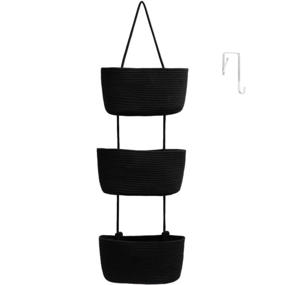 TeoKJ Over the Door Organizer, 3-Tier Woven Cotton Hanging Kitchen Baskets Storage Organizer Bag with Hooks Wall-Mounted Decorative Rope Baskets - Black