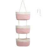 TeoKJ Over the Door Organizer, 3-Tier Woven Cotton Hanging Kitchen Baskets Storage Organizer Bag with Hooks Wall-Mounted Decorative Rope Baskets - Pink+White