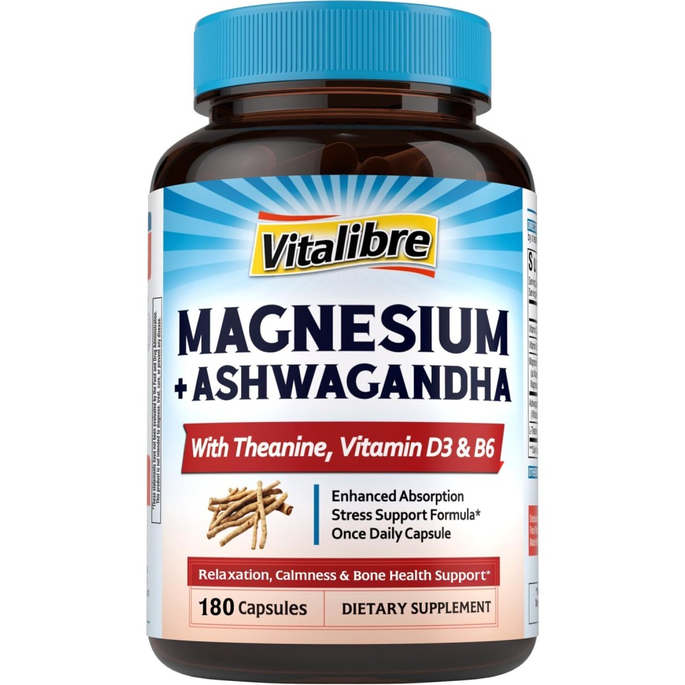 Vitalibre Magnesium Complex with Ashwagandha & L-Theanine - Stress Relief, Bone & Nerve Support - w/Vitamin D3, B6 - Glycinate, Citrate, Malate, Taurate - 180 Vegan Capsules, Non-GMO, Gluten Free
