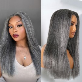 LUVME HAIR 18 Inch Grey Salt & Pepper Silky Straight Wig Human Hair Glueless HD Lace Bob Wig with Mix Grey Color, pre plucked pre cut Lace Ready to Go Wigs For Women