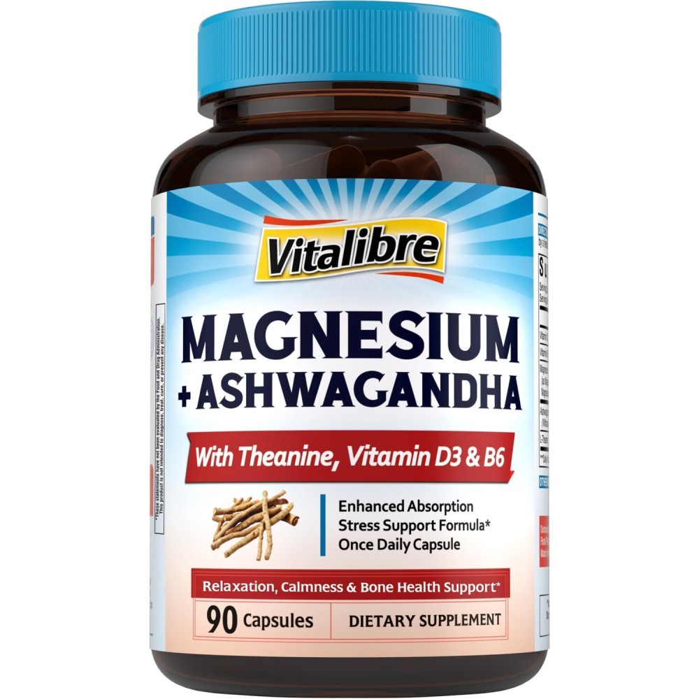 Vitalibre Magnesium Complex with Ashwagandha & L-Theanine - Stress Relief, Bone & Nerve Support - w/Vitamin D3, B6 - Glycinate, Citrate, Malate, Taurate - 90 Vegan Capsules, Non-GMO, Gluten Free
