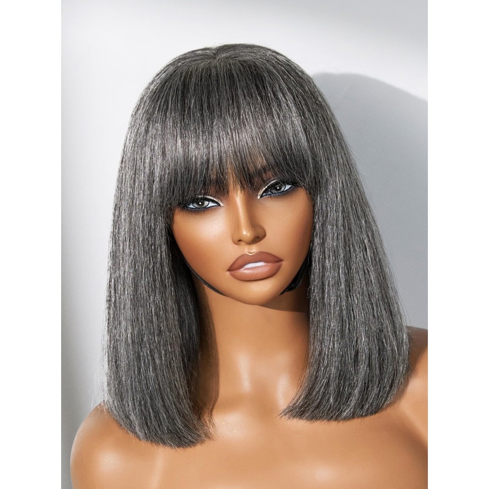 LUVME HAIR All-Day Comfort Wig 12 Inch Grey Salt & Pepper Silky Straight Bob Wig with Bangs Human Hair Glueless HD Lace Bob Wig with Mix Grey Color, Ready to Go Short Wigs For Women